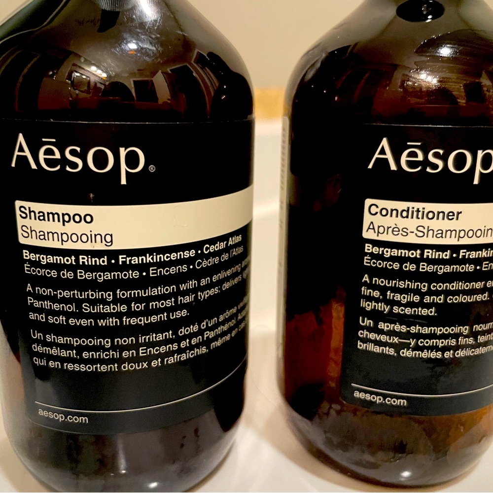 Aesop shampoo and conditioner bottles for refilling
